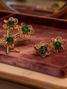 Gold-Tone Floral Brooch & clip on Earrings with Emerald Green Stones